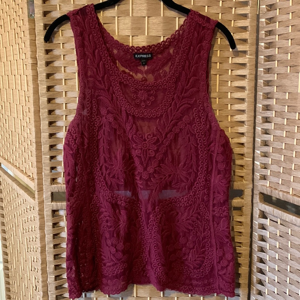 Dark red, sleeveless Express shirt.